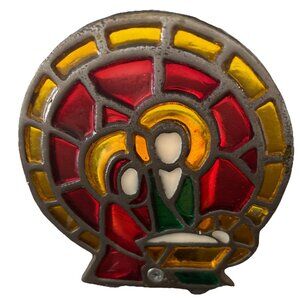 Vintage 5” Cast Iron Stained Glass Christmas Nativity Scene  Tea Light Candle